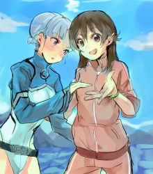 Rule 34 | 10s, 2girls, blue hair, brown eyes, brown hair, fin e ld si laffinty, kyouno madoka, mochako (motyako), multiple girls, open mouth, outstretched hand, purple eyes, rinne no lagrange, short hair, sleeves rolled up, smile, track suit, yuri