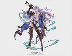 Rule 34 | 1girl, armor, artist request, bare shoulders, blue hair, boots, breasts, cape, character request, full body, gran saga, grey background, holding, holding weapon, large breasts, looking at viewer, purple hair, serious, weapon, wind