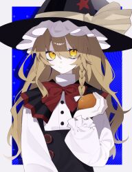 Rule 34 | 1girl, alt text, azusa (cookie), black hat, black vest, blonde hair, bow, bowtie, braid, buttons, closed mouth, commission, cookie (touhou), expressionless, flat chest, food, frilled sleeves, frills, fruit, hair between eyes, hat, hat ornament, highres, holding, holding food, holding fruit, kirisame marisa, long bangs, long hair, long sleeves, looking up, orange (fruit), red bow, red bowtie, red star, shirt, single braid, skeb commission, solo, star (symbol), star hat ornament, touhou, upper body, vest, white shirt, witch hat, xx asui, yellow eyes