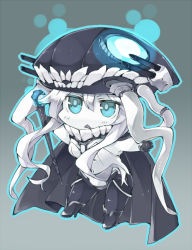 Rule 34 | 10s, 1girl, :&lt;, abyssal ship, akagashi hagane, aqua eyes, bodysuit, cape, chibi, gloves, grey background, kantai collection, long hair, monster, open mouth, pale skin, personification, silver hair, solo, triangle mouth, wo-class aircraft carrier