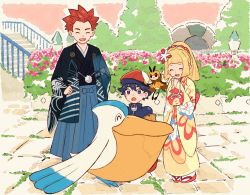 Rule 34 | 1boy, 2girls, :d, black hair, blonde hair, blush, closed eyes, commentary request, creatures (company), floral print, game freak, gen 3 pokemon, gen 7 pokemon, hair ornament, hand on own hip, hands up, hat, ittumozzz, japanese clothes, kimono, lance (new year&#039;s 2021) (pokemon), lance (pokemon), lillie (new year&#039;s 2021) (pokemon), lillie (pokemon), long sleeves, multiple girls, nintendo, official alternate costume, open mouth, outdoors, own hands together, pelipper, pleated skirt, pokemon, pokemon (creature), pokemon masters ex, pokemon ranger (pokemon), ponytail, pouch, red hair, red headwear, ribombee, short hair, skirt, smile, spiked hair, stairs, standing, tabi, wide sleeves, yellow kimono, zipper pull tab, |d