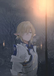 Rule 34 | 1boy, armor, bare tree, blonde hair, breastplate, breath, building, chihuri, elezen, elf, eyes visible through hair, final fantasy, final fantasy xiv, from side, green eyes, hair over one eye, highres, lamppost, looking to the side, male focus, night, night sky, outdoors, parted lips, pauldrons, pointy ears, revision, shoulder armor, sky, snowing, solo, tree, upper body, zephirin de valhourdin