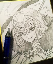 Rule 34 | 1girl, ahoge, chain, character name, commentary request, dated, fate/grand order, fate (series), graphite (medium), hair between eyes, headpiece, highres, hoshi san 3, jeanne d&#039;arc alter (fate), looking at viewer, mechanical pencil, parted lips, pencil, portrait, shikishi, short hair, solo, traditional media, translated