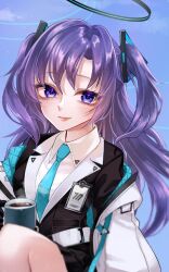 Rule 34 | 1girl, absurdres, belt, black jacket, blue archive, blue eyes, blue sky, coffee mug, cup, halo, highres, ichica m, id card, jacket, looking at viewer, mug, shirt, sky, smile, solo, twintails, twitter, white belt, white jacket, white shirt, yuuka (blue archive)