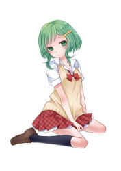 Rule 34 | 1girl, bow, full body, green eyes, green hair, gumi, hair bow, kneehighs, loafers, looking at viewer, matching hair/eyes, school uniform, shoes, short hair, sidelocks, simple background, skirt, socks, solo, sweater vest, vocaloid, yayoi (egoistic realism)