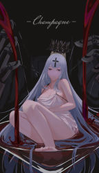 Rule 34 | 1girl, absurdly long hair, azur lane, bare shoulders, barefoot, blue eyes, blue hair, breasts, champagne (azur lane), character name, cross, cross hair ornament, crown, floating headgear, full body, hair ornament, headgear, liquid, long hair, looking at viewer, mechanical hands, medium breasts, olin (nienxddd), partially submerged, shirt overhang, sitting, soles, solo, string, toes, very long hair