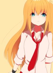 1girl blonde_hair blue_eyes charlotte_(anime) collared_shirt commentary_request kurotea long_hair necktie nishimori_yusa parted_lips red_necktie school_uniform shirt simple_background solo upper_body white_shirt yellow_background