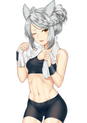 Rule 34 | 1girl, ;d, absurdres, animal ears, bare shoulders, bike shorts, black shorts, braid, braided bangs, breasts, carolrin, cleavage, collarbone, commentary, cowboy shot, erune, fraux, granblue fantasy, highres, holding, holding towel, long hair, looking at viewer, medium breasts, midriff, navel, one eye closed, open mouth, orange eyes, short shorts, shorts, silver hair, simple background, smile, solo, sports bra, sweatband, towel, towel around neck, white background