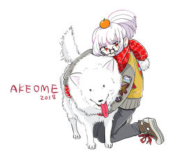 Rule 34 | 1girl, 2018, akeome, black pants, brown footwear, dog, fluffy, glasses, gloves, happy new year, highres, jacket, long sleeves, looking at viewer, mokeo, new year, original, pants, ponytail, red eyes, red gloves, red scarf, scarf, shoes, sidelocks, simple background, solo, white background, white dog, white hair