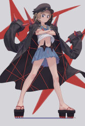 Rule 34 | 1girl, absurdres, banchou, bob cut, brown eyes, brown hair, closed mouth, crescent, crescent hat ornament, crossed arms, delinquent, full body, grey background, hat, hat ornament, highres, jacket, jacket on shoulders, kill la kill, looking at viewer, mankanshoku mako, max-k, midriff, mouth hold, pleated skirt, sandals, school uniform, serafuku, simple background, skirt, solo, spikes, standing, wind, wind lift