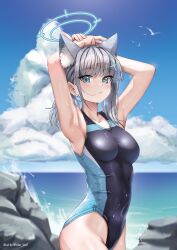 Rule 34 | 1girl, absurdres, animal ear fluff, animal ears, arms up, black one-piece swimsuit, blue archive, blue eyes, blue sky, breasts, cloud, competition swimsuit, covered navel, cowboy shot, cross hair ornament, day, extra ears, grey hair, hair ornament, halo, hands on own head, highres, low ponytail, medium breasts, medium hair, mismatched pupils, multicolored clothes, multicolored swimsuit, official alternate costume, one-piece swimsuit, outdoors, rock, shiroko (blue archive), shiroko (swimsuit) (blue archive), sky, solo, swimsuit, volar uwu, wolf ears