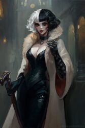 Rule 34 | 1girl, absurdres, black choker, black gloves, black hair, blunt bangs, breasts, cane, choker, cinderone, claws, cleavage, coat, cruella (film), cruella de vil, elbow gloves, fur coat, gloves, highres, jewelry, lips, looking at viewer, medium breasts, multicolored hair, open clothes, open coat, pendant, red lips, short hair, solo, split-color hair, two-tone hair, white hair