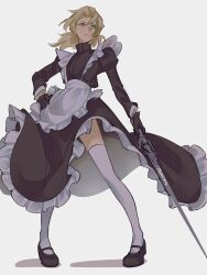 Rule 34 | 1boy, albedo (genshin impact), alternate costume, apron, artist name, black dress, black footwear, black gloves, blonde hair, blue eyes, closed mouth, crossdressing, dress, frills, full body, genshin impact, gloves, hair between eyes, hand on own hip, highres, holding, holding sword, holding weapon, juliet sleeves, long sleeves, looking to the side, maid, maid headdress, male focus, ponytail, puffy sleeves, shadow, shoes, short hair, short ponytail, simple background, socks, solo, sword, weapon, white apron, white background, white socks, zenshyns