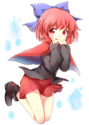 Rule 34 | 1girl, :p, bare legs, black shirt, blouse, blush, boots, bow, cape, hair bow, long sleeves, mimi (mimi puru), miniskirt, pleated skirt, red cape, red eyes, red hair, red skirt, sekibanki, shirt, short hair, skirt, solo, tongue, tongue out, touhou