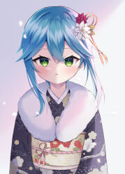 Rule 34 | 1girl, black kimono, blue hair, borrowed character, commentary request, floral print, flower, fur collar, gradient background, green eyes, grey background, hair between eyes, hair flower, hair ornament, japanese clothes, kimono, long hair, looking at viewer, obi, original, parted lips, print kimono, red flower, sash, solo, upper body, usagimiko, white flower