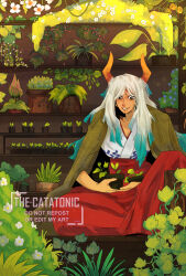 Rule 34 | 1girl, absurdres, aqua hair, artist name, coat, earrings, flower, flower pot, green coat, hakama, hakama pants, highres, holding, holding flower pot, hoop earrings, horns, indoors, japanese clothes, jewelry, kimono, leaf, long hair, looking at object, multicolored hair, one piece, orange eyes, orange horns, pants, plant, potted plant, red hakama, sitting, solo, spicymotte, too many pots, white flower, white hair, white kimono, yamato (one piece)