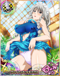 Rule 34 | 10s, 1girl, artist request, bare shoulders, blush, braid, breasts, card (medium), character name, chess piece, cleavage, covered erect nipples, grayfia lucifuge, grey eyes, high school dxd, high school dxd born, huge breasts, lipstick, long hair, looking at viewer, maid headdress, makeup, official art, panties, queen (chess), red lips, silver hair, smile, solo, thighhighs, torn clothes, twin braids, underwear, white thighhighs