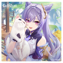 Rule 34 | 1girl, :d, absurdres, animal, animal hug, bare shoulders, black gloves, cat, commentary, cone hair bun, detached sleeves, genshin impact, gloves, hair bun, hair ornament, highres, holding, holding animal, holding cat, keqing (genshin impact), long hair, looking at viewer, official art, open mouth, outdoors, purple eyes, purple hair, smile, solo, upper body, very long hair, watermark, white cat