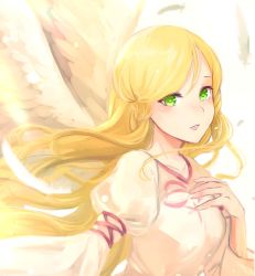 Rule 34 | 1girl, blonde hair, feathered wings, feathers, fire emblem, fire emblem: path of radiance, fire emblem: radiant dawn, green eyes, haru (nakajou-28), leanne (fire emblem), long hair, nintendo, parted lips, simple background, solo, upper body, white background, wings