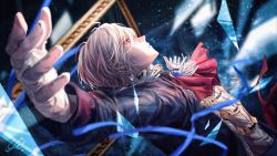 Rule 34 | 1boy, ascot, blurry, brooch, commentary, depth of field, diabolik lovers, dutch angle, emalfire0312, foreshortening, formal, from side, gloves, highres, jacket, jewelry, open clothes, open hands, open jacket, outstretched arms, parted lips, profile, red ascot, red eyes, sakamaki subaru, shattered, short hair, signature, solo, spread arms, white gloves, white hair