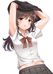 Rule 34 | 1girl, :o, absurdres, armpit peek, arms up, black skirt, black sweater, bow, bowtie, breasts, brown eyes, brown hair, collared shirt, highres, long hair, looking at viewer, midriff, navel, open mouth, original, pleated skirt, raised eyebrow, school uniform, shirt, short sleeves, simple background, skirt, small breasts, solo, sunhyun, sweater, undressing, upper body, white background, white shirt