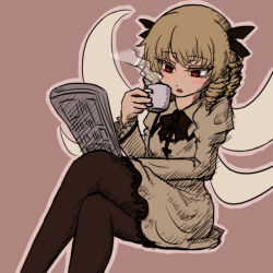 Rule 34 | 1girl, black bow, black ribbon, blonde hair, bow, brown pantyhose, coffee cup, crossed legs, cup, disposable cup, dress, drill hair, fairy, fairy wings, hair ribbon, holding, holding cup, invisible chair, luna child, miata (miata8674), newspaper, pantyhose, reading, red eyes, ribbon, sitting, solo, steam, touhou, white dress, wings
