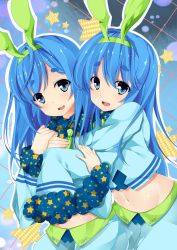 Rule 34 | 2girls, animal ears, blue eyes, blue hair, clothes writing, fake animal ears, hairband, hug, hug from behind, long hair, looking at viewer, midriff, multiple girls, navel, near (sound voltex), noah (sound voltex), open mouth, rabbit ears, short eyebrows, siblings, sisters, sleeves past wrists, smile, sound voltex, sound voltex ii infinite infection, star (symbol), star print, tries, twins