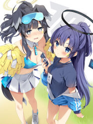 Rule 34 | 2girls, animal ears, bare shoulders, black hair, black shirt, blue archive, blue buruma, blue eyes, blue jacket, blush, breasts, buruma, cellphone, cleavage, criss-cross halter, dog ears, dog tail, eretto, eyewear on head, goggles, half updo, halo, halterneck, hibiki (blue archive), hibiki (cheer squad) (blue archive), highres, holding, holding pom poms, id card, jacket, lanyard, large breasts, long hair, long sleeves, looking at viewer, medium breasts, millennium cheerleader outfit (blue archive), miniskirt, multiple girls, navel, off shoulder, parted bangs, partially unzipped, phone, pleated skirt, pom pom (cheerleading), pom poms, ponytail, purple eyes, purple hair, shirt, sidelocks, skirt, sports bra, star sticker, sticker on face, tail, thighs, track jacket, white skirt, yuuka (blue archive), yuuka (track) (blue archive)
