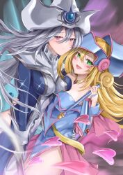 Rule 34 | 2girls, :d, absurdres, arm around waist, asymmetrical docking, bare shoulders, blue headwear, blush stickers, breast press, breasts, closed mouth, dark magician girl, duel monster, gloves, green eyes, grey hair, hair between eyes, hat, heart, highres, holding, holding staff, holding wand, long hair, looking at viewer, medium breasts, misakura aoi, multiple girls, open mouth, red eyes, side slit, silent magician, smile, staff, wand, white gloves, white headwear, wizard hat, yu-gi-oh!, yu-gi-oh! duel monsters