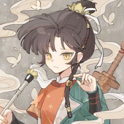 Rule 34 | 1girl, :/, an-an lee, black hair, bug, butterfly, chinese clothes, duster, green robe, grey background, hair bun, hands up, hanfu, highres, holding, holding duster, insect, jian (weapon), long hair, looking at viewer, official alternate costume, raised eyebrow, red shirt, reverse:1999, robe, shirt, smoke, solo, sweat, sword, sword behind back, tansuangai fenmo, uneven eyes, upper body, weapon, yellow eyes