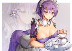 Rule 34 | 1girl, bernadetta von varley, breasts, cleavage, closed mouth, cup, detached collar, fire emblem, fire emblem: three houses, grey eyes, hair ornament, holding, large breasts, maid, maid headdress, multiple views, nintendo, purple hair, se-u-ra, short sleeves, teacup, teapot, tray