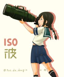 Rule 34 | 1girl, absurdres, artist name, black hair, blue skirt, braid, camera, character name, feet out of frame, from side, grey eyes, hair ribbon, highres, holding, holding camera, isonami (kancolle), kantai collection, long hair, open mouth, pink ribbon, pleated skirt, pot-de, ribbon, sailor collar, school uniform, serafuku, short sleeves, sidelocks, simple background, skirt, solo, twitter username, white background