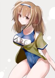 Rule 34 | 1girl, breasts, brown eyes, clothes writing, collarbone, cowboy shot, gradient background, green jacket, grey background, hairband, highres, i-26 (kancolle), jacket, kantai collection, kimura shiki, large breasts, light brown hair, long hair, looking at viewer, name tag, new school swimsuit, one-piece swimsuit, sailor collar, school swimsuit, short sleeves, solo, swimsuit, swimsuit under clothes, two-tone hairband, two side up