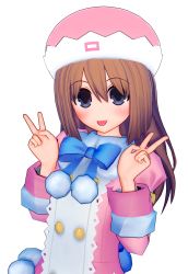 Rule 34 | 1girl, ;), blue bow, blue bowtie, blue eyes, blush, bow, bowtie, brown hair, coat, double v, fur-trimmed coat, fur trim, hand up, happy, hat, head tilt, highres, istalo, long hair, long sleeves, looking at viewer, neptune (series), one eye closed, open mouth, pink coat, pink hat, pom pom (clothes), ram (neptunia), smile, solo, upper body, v