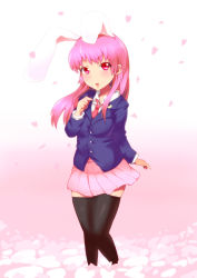 Rule 34 | 1girl, animal ears, black thighhighs, blazer, cherry blossoms, extra ears, female focus, jacket, kobii, long hair, petals, pink hair, rabbit ears, red eyes, reisen udongein inaba, solo, thighhighs, touhou, zettai ryouiki