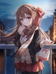 Rule 34 | 1girl, absurdres, bag, black jacket, black pantyhose, blazer, blurry, blurry background, blush, bow, bowtie, brown hair, brown scarf, building, closed mouth, hair ribbon, hand up, highres, holding, holding bag, hyerang, jacket, long hair, looking at viewer, original, outdoors, pantyhose, plaid, plaid scarf, pleated skirt, purple eyes, red bow, red bowtie, red ribbon, red skirt, ribbon, scarf, school uniform, shirt, skirt, sky, smile, solo, standing, white shirt