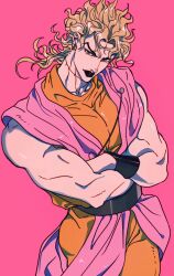 Rule 34 | 1boy, alternate costume, black lips, blonde hair, closed mouth, crossed arms, dio brando, earrings, head tilt, highres, jewelry, jojo no kimyou na bouken, long hair, looking at viewer, male focus, muscular, muscular male, official alternate costume, pink background, scar, scar on neck, shenshan laolin, simple background, solo, stardust crusaders, wristband, yellow eyes