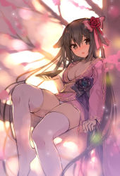 Rule 34 | 1girl, :d, alcohol, blush, bow, bowl, breasts, cherry blossoms, cleavage, collarbone, day, drunk, eyebrows, flower, hair between eyes, hair bow, hair flaps, hair flower, hair ornament, holding, in tree, japanese clothes, kimono, long hair, long sleeves, looking at viewer, nose blush, open mouth, original, panties, pantyshot, petals, pink bow, plant, red flower, red rose, rose, sake, sitting, sitting in tree, sketch, smile, solo, spring (season), sunlight, thighhighs, tree, underwear, very long hair, white panties, white thighhighs, yadapot