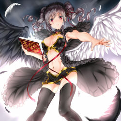 Rule 34 | 10s, 1girl, angel wings, black feathers, black wings, book, breasts, drill hair, feathered wings, feathers, grimoire, idolmaster, idolmaster cinderella girls, kanzaki ranko, looking at viewer, red eyes, serakoutarou, silver hair, smile, solo, thighhighs, twin drills, twintails, white wings, wings