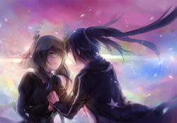 Rule 34 | 10s, 2girls, black hair, black rock shooter, black rock shooter (character), blue eyes, dead master, eye contact, face-to-face, glasses, green eyes, holding hands, hood, hooded jacket, horns, interlocked fingers, jacket, long hair, looking at another, multiple girls, open mouth, star (symbol), twintails, yukihomu, yuri