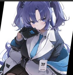Rule 34 | 1girl, black gloves, black jacket, black skirt, blue archive, blue necktie, breasts, cellphone, closed mouth, collared shirt, commentary, gloves, highres, holding, holding phone, id card, jacket, long hair, medium breasts, necktie, phone, pro-p, purple eyes, purple hair, shirt, skirt, solo, symbol-only commentary, two side up, v-shaped eyebrows, white jacket, white shirt, yuuka (blue archive)
