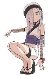 Rule 34 | 1girl, absurdres, bare shoulders, blush, closed mouth, copyright request, detached sleeves, feet, fingernails, fishnets, full body, grey eyes, grey hair, hair over one eye, headband, highres, japanese clothes, legs together, looking at viewer, obi, one eye covered, platform footwear, red ribbon, ribbon, sandals, sash, simple background, solo, squatting, toenails, white background, wrist ribbon, yamamoto souichirou