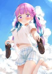 Rule 34 | 1girl, barefoot, blue hair, blue neckerchief, blue ribbon, blue sky, blush, breasts, closed mouth, cloud, hair ribbon, highres, holding, holding shoes, hololive, loafers, looking at viewer, medium breasts, midriff, minato aqua, multicolored hair, navel, neckerchief, pink eyes, pink hair, plaid, plaid skirt, ribbon, school uniform, shirt, shoes, short sleeves, skirt, sky, solo, standing, standing on one leg, tatsuyoshi (zawahomura), twintails, two-tone hair, unworn shoes, virtual youtuber, white shirt, white skirt