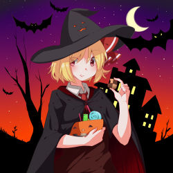 Rule 34 | 1girl, bat (animal), blonde hair, blush, bowl, candy, cloak, cookie, crescent moon, eating, female focus, food, halloween, hat, highres, jack-o&#039;-lantern, lollipop, looking at viewer, moon, nature, negu (pixiv 6519140), outdoors, plant, red eyes, rumia, sky, solo, touhou, witch hat