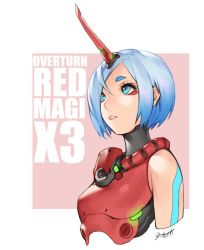 Rule 34 | 1girl, bare shoulders, blue eyes, blue hair, glowing, gradient hair, hichi, horns, light blue hair, looking up, magi (overturn), multicolored hair, overturn, parted lips, short eyebrows, short hair, signature, solo, turtleneck, two-tone background