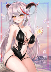 Rule 34 | 1girl, absurdres, aegir (azur lane), azur lane, black one-piece swimsuit, breasts, center opening, cross, cross earrings, cup, demon horns, earrings, hair on horn, highres, holding, holding cup, horns, ice, ice cube, iron cross, jewelry, large breasts, long hair, looking at viewer, min1910, multicolored hair, ocean, one-piece swimsuit, red hair, sitting, solo, stone, streaked hair, swimsuit, thigh strap, thighs, two-tone hair, very long hair, water, white hair, yellow eyes