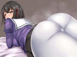Rule 34 | 1girl, ass, bad id, bad pixiv id, black hair, black skirt, blush, breasts, brown eyes, commentary request, embarrassed, female focus, from behind, grey background, haguro (kancolle), hair ornament, hairclip, highres, hip focus, huge ass, jacket, kantai collection, large breasts, long sleeves, looking at viewer, looking back, lying, on bed, on stomach, pantyhose, purple jacket, short hair, simple background, skirt, smell, solo, steam, terakoya, thick thighs, thighs, white pantyhose, wide hips