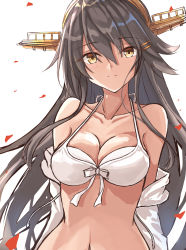 Rule 34 | 1girl, bikini, black hair, breasts, brown eyes, cleavage, collarbone, commentary request, front-tie top, gensoukitan, hairband, halterneck, haruna (kancolle), headgear, highres, jacket, kantai collection, long hair, looking at viewer, medium breasts, open clothes, open jacket, smile, solo, swimsuit, upper body, white bikini, white jacket