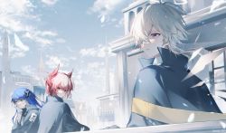 Rule 34 | 1boy, 2girls, animal ears, architecture, arknights, bird ears, black jacket, blue hair, blue sky, building, cathedral, day, demon horns, enforcer (arknights), fiammetta (arknights), gloves, grey hair, hair over one eye, halo, head rest, horns, jacket, long hair, looking at viewer, looking back, mostima (arknights), multiple girls, outdoors, parted lips, purple eyes, red eyes, red hair, short hair, sky, umeno shii, white gloves