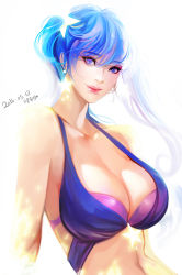 Rule 34 | 10s, 1girl, 2016, arcade sona, arm support, bare shoulders, bikini, blue eyes, blue hair, breasts, cleavage, collarbone, dated, earrings, huge breasts, jewelry, league of legends, lemon89h, lips, looking at viewer, navel, simple background, smile, solo, sona (league of legends), star (symbol), star earrings, swimsuit, twintails